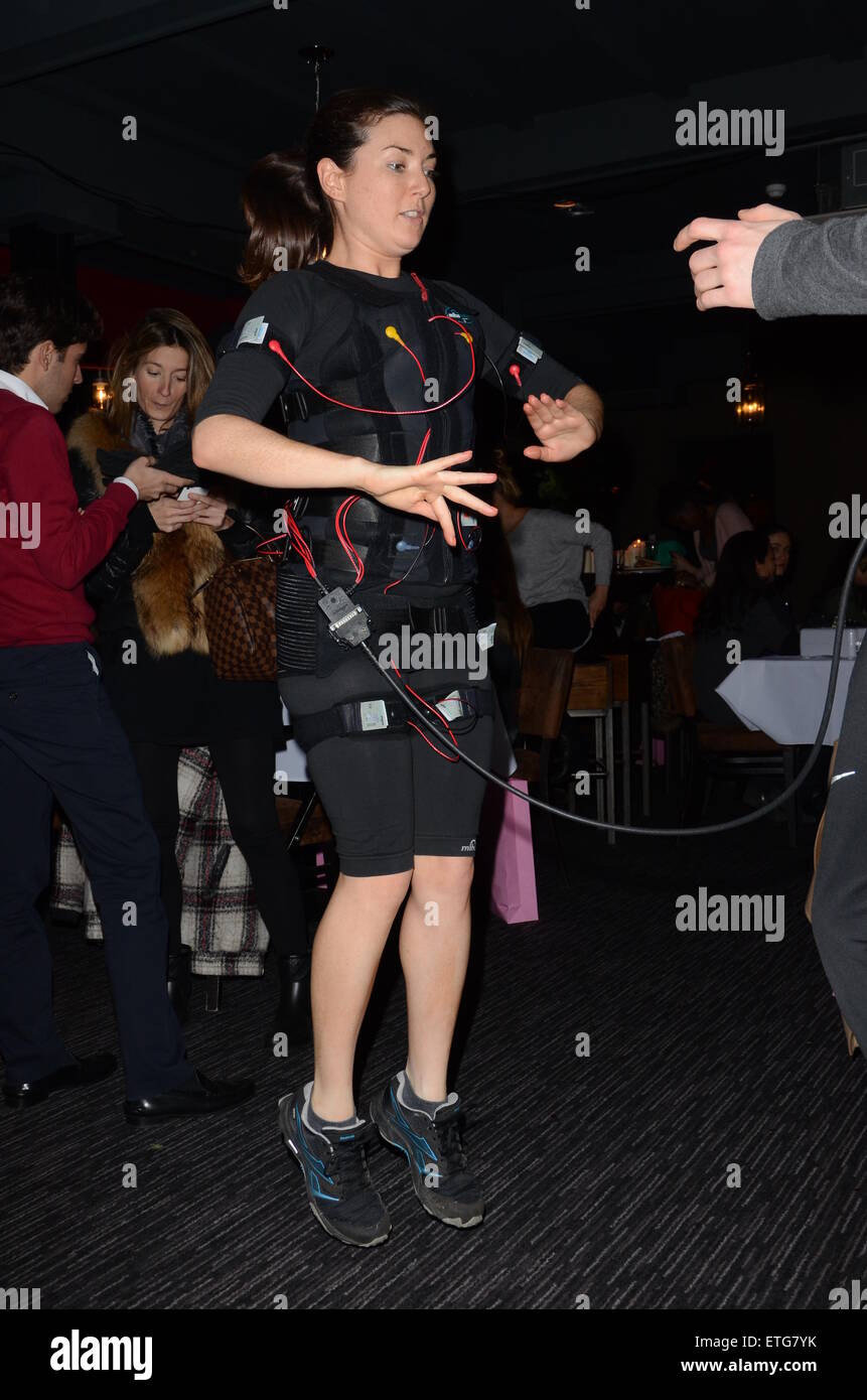 A demonstration of an electric fatburning jacket at the Beauty Broadway party at Broadway House