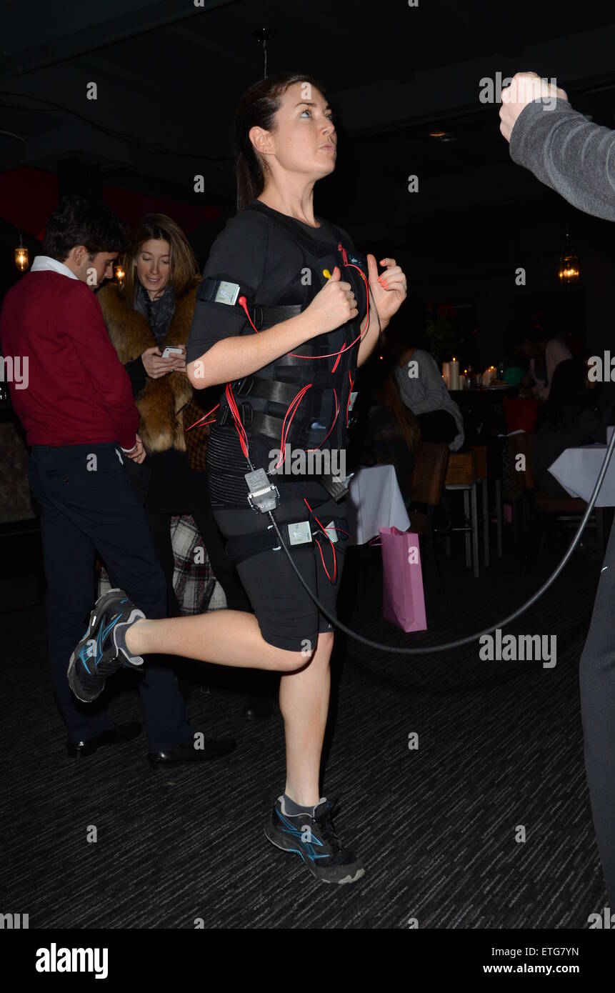 A demonstration of an electric fatburning jacket at the Beauty Broadway party at Broadway House