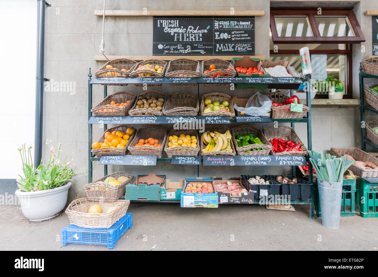 Organic fruit and vegetables on sale at a farm shop Stock Photo