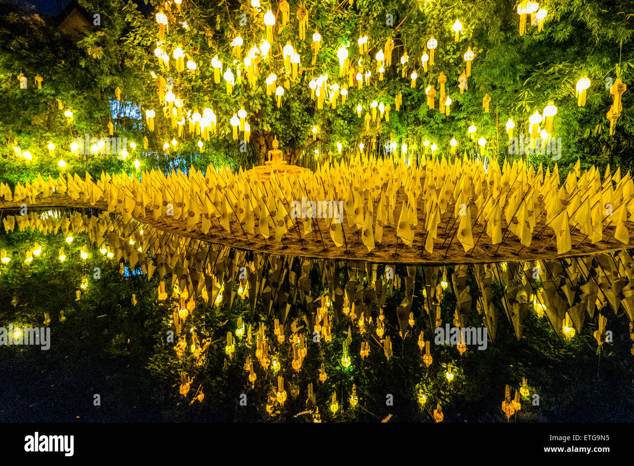Asia. Thailand, Chiang Mai. Wat Phantao. Preparation for the King's birthday on December 5. Stock Photo