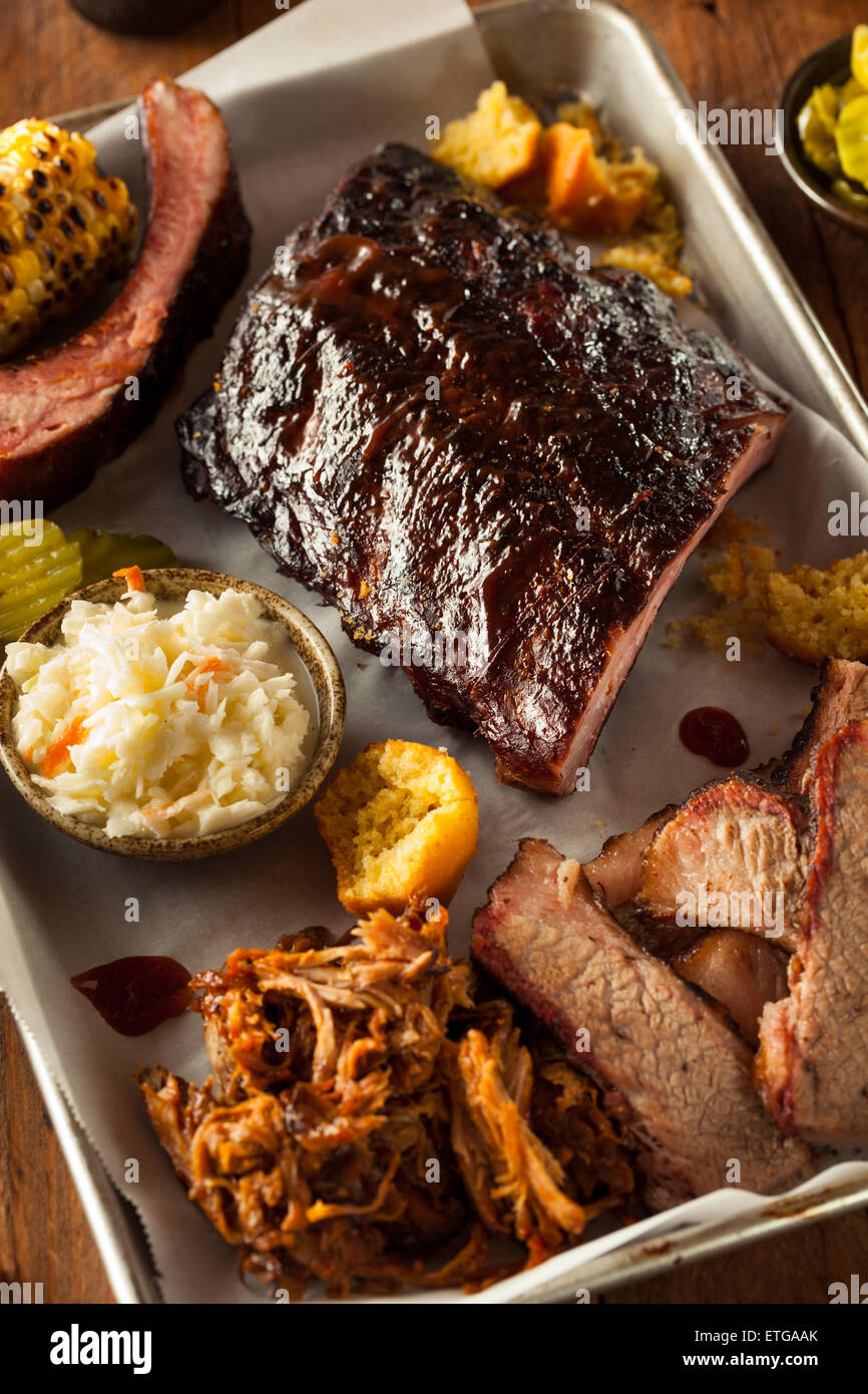 Barbecue Smoked Brisket and Ribs Platter with Pulled Pork and Sides Stock Photo Alamy