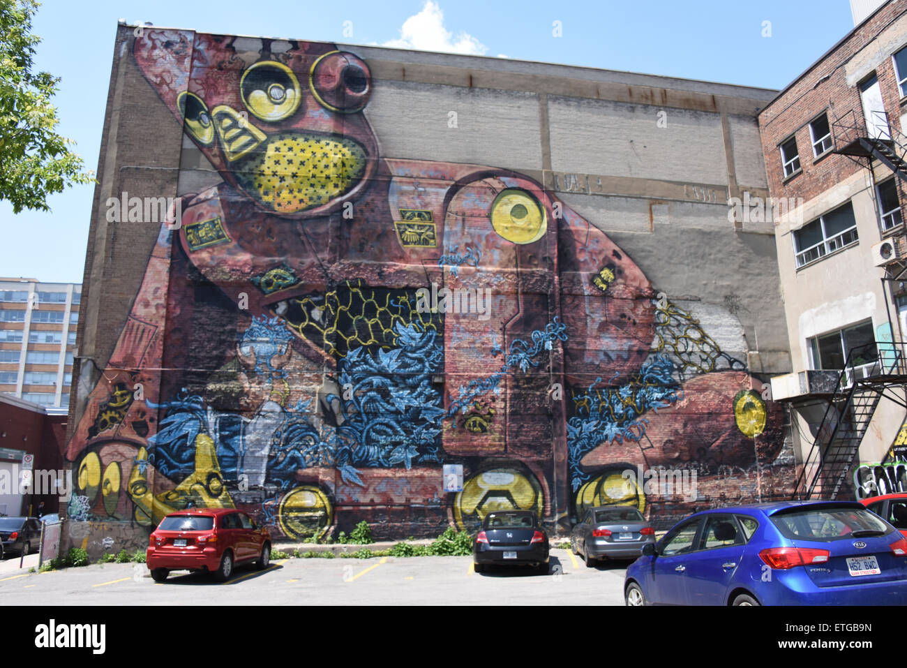 Montreal, Canada: The MURAL is an international public art festival that attracts artists from all over the world. The festival MURAL aims to celebrate the creativity of the city and democratize art in a street context.Mural Festival runs in Montreal Stock Photo