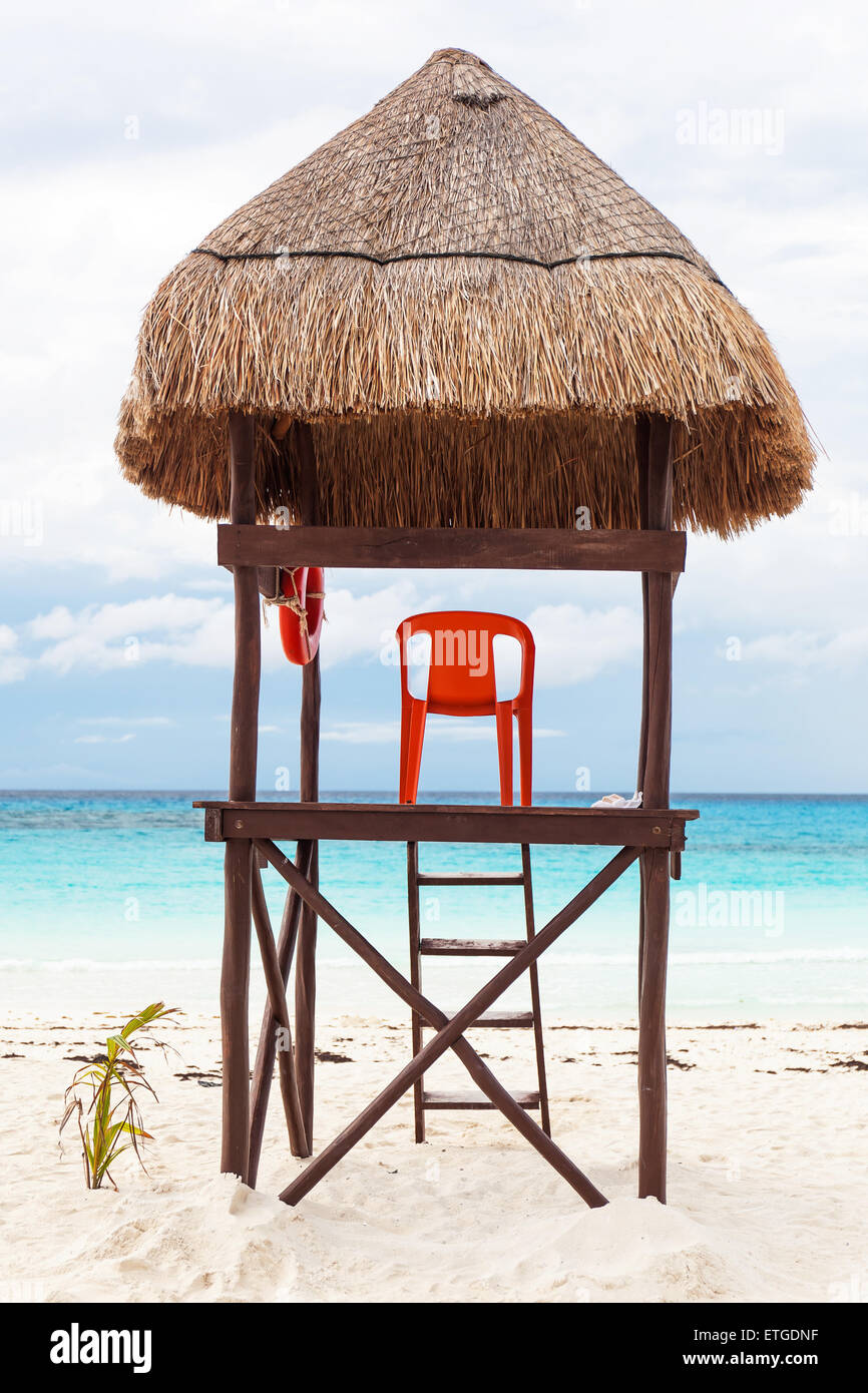 Lifeguard tower at caribbean beach in bad weather Stock Photo