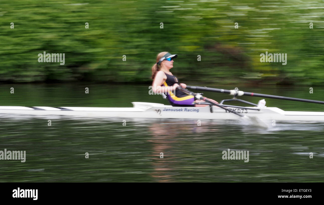 Durham, UK. 13th June, 2015. A competitor racing during the 182nd Durham Regatta. Durham Regatta is the second oldest in the country, preceded only by Chester Regatta. Today, the regatta takes place over a 750m ‘short course’ on the scenic River Wear in Durham City, and regularly attracts in excess of two thousand competitors and ten thousand spectators from across the United Kingdom. Credit: AC Images/Alamy Live News Stock Photo