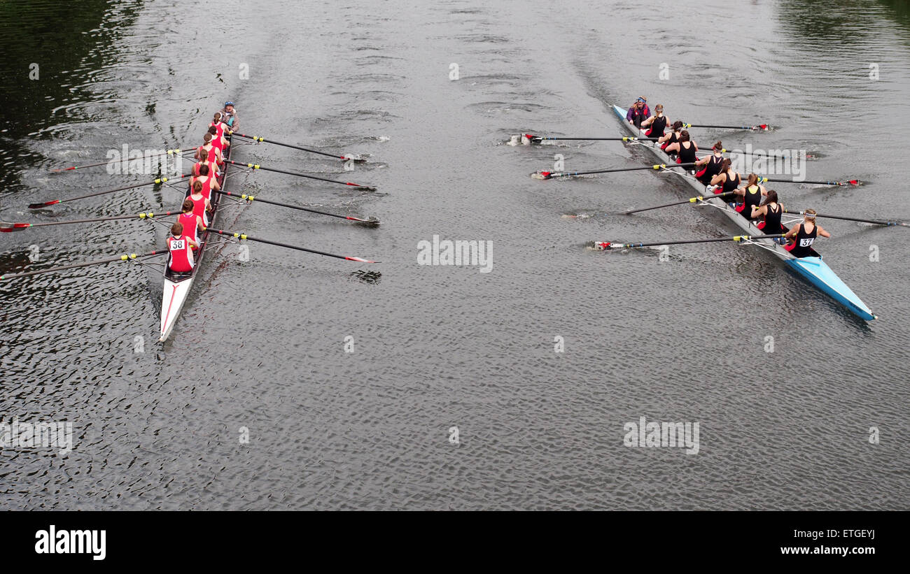 Durham, UK. 13th June, 2015. Competitors racing during the 182nd Durham Regatta. Durham Regatta is the second oldest in the country, preceded only by Chester Regatta. Today, the regatta takes place over a 750m ‘short course’ on the scenic River Wear in Durham City, and regularly attracts in excess of two thousand competitors and ten thousand spectators from across the United Kingdom. Credit: AC Images/Alamy Live News Stock Photo