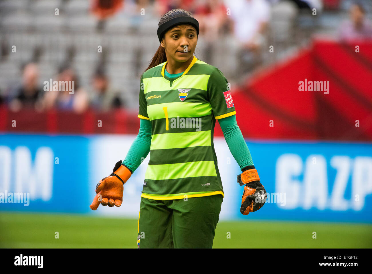 Vancouver, Canada - June 12, 2015: Ecuador goalkeeper Shirley BERRUZ (#1) during the opening round match between Switzerland and Ecuador of the FIFA Women's World Cup Canada 2015 at BC Place Stadium. Switzerland won the match 10-1. Stock Photo