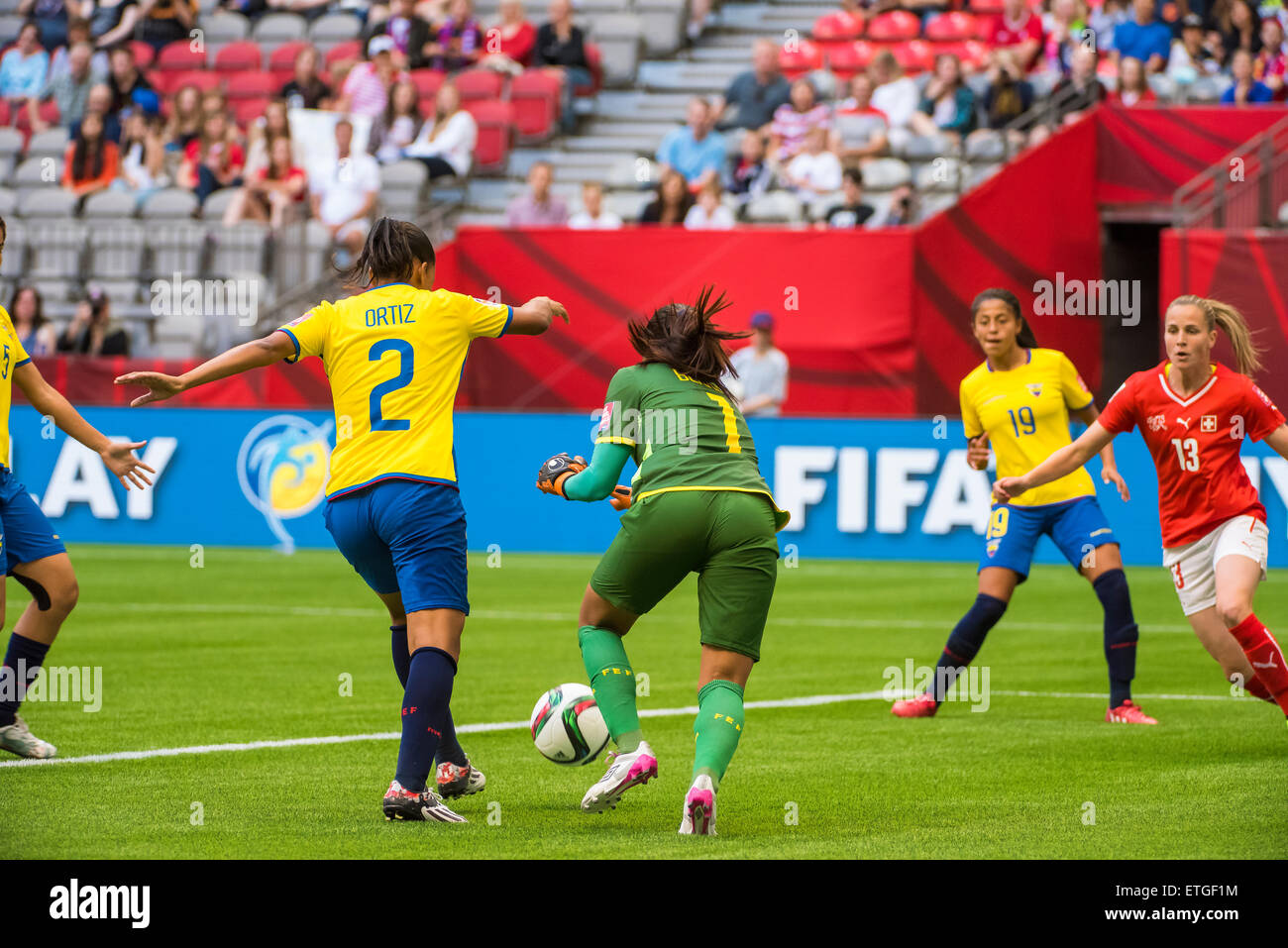 Vancouver, Canada - June 12, 2015: Ecuador goalkeeper Shirley BERRUZ (#1) dives after the ball during the opening round match between Switzerland and Ecuador of the FIFA Women's World Cup Canada 2015 at BC Place Stadium. Switzerland won the match 10-1. Stock Photo