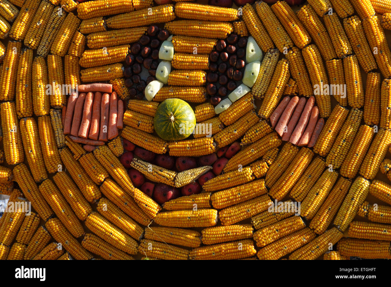 Funny face build from vegetables like corn carrots onion and pumpkin for a harvest festival in Germany Europe Stock Photo