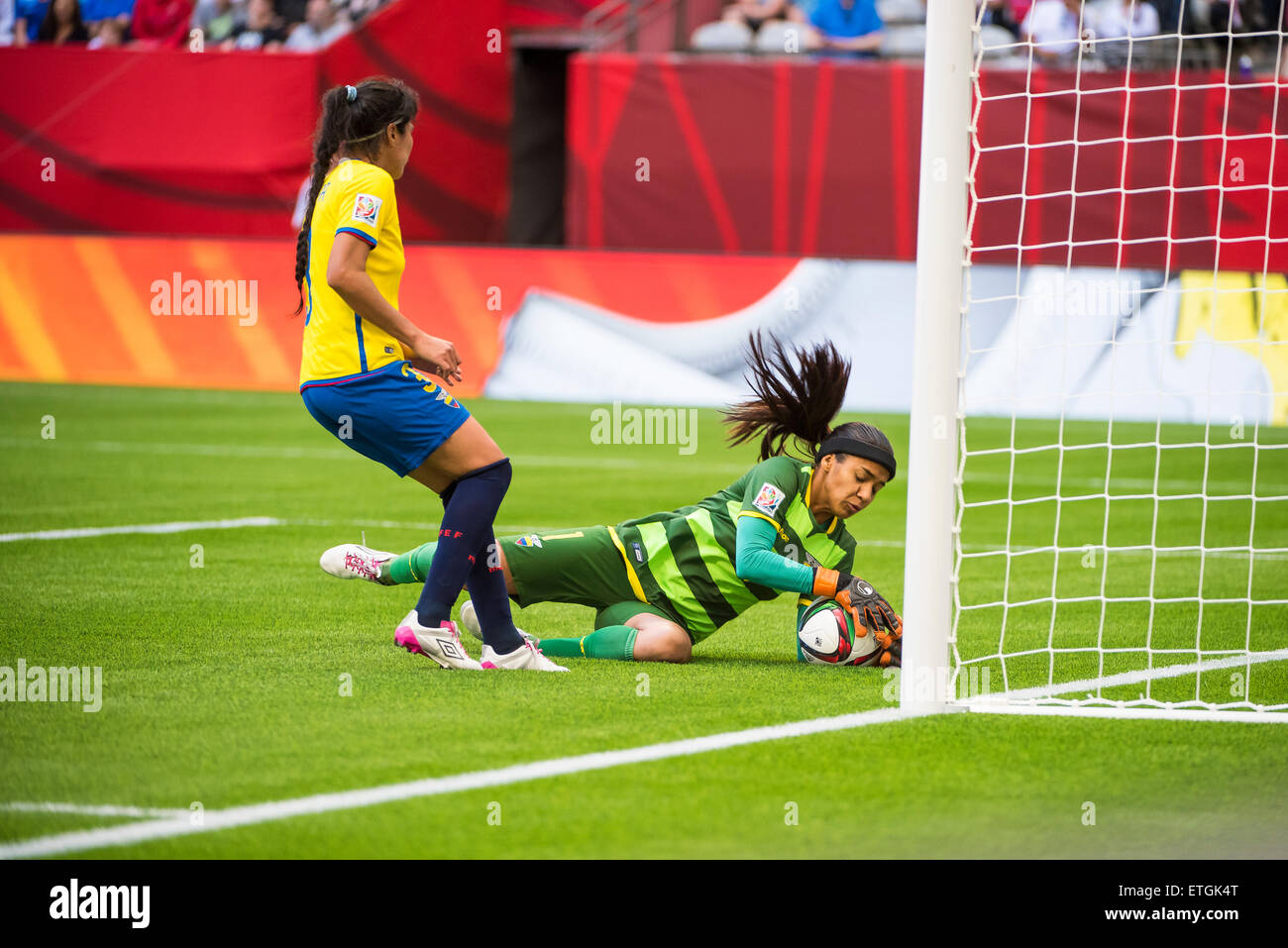 Vancouver, Canada - June 12, 2015: Ecuador goalkeeper Shirley BERRUZ (#1) makes a save during the opening round match between Switzerland and Ecuador of the FIFA Women's World Cup Canada 2015 at BC Place Stadium. Switzerland won the match 10-1. Stock Photo