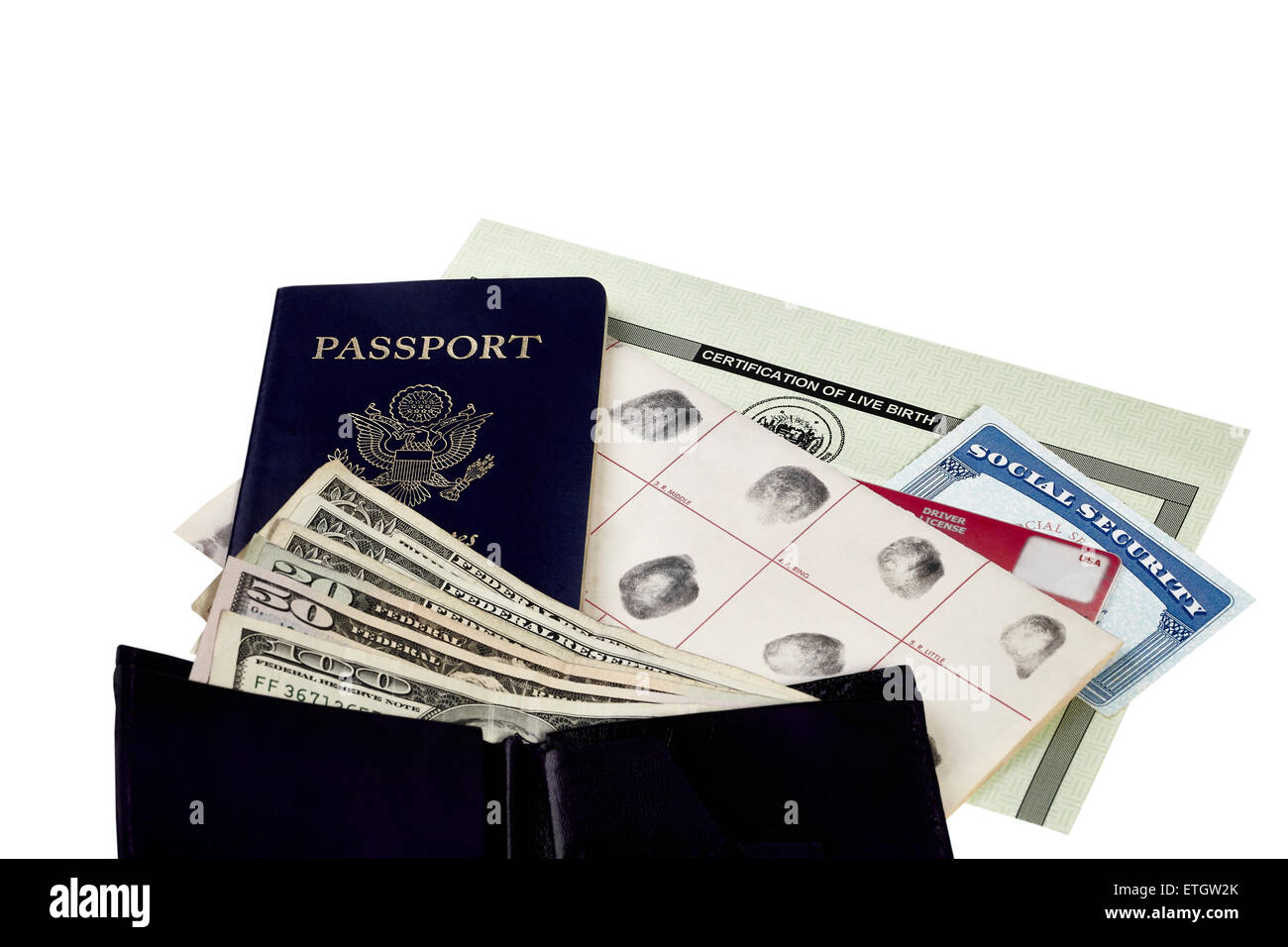 Passport, fingerprint card, driver's license, social security card and birth certificate isolated on white with a wallet and US Stock Photo