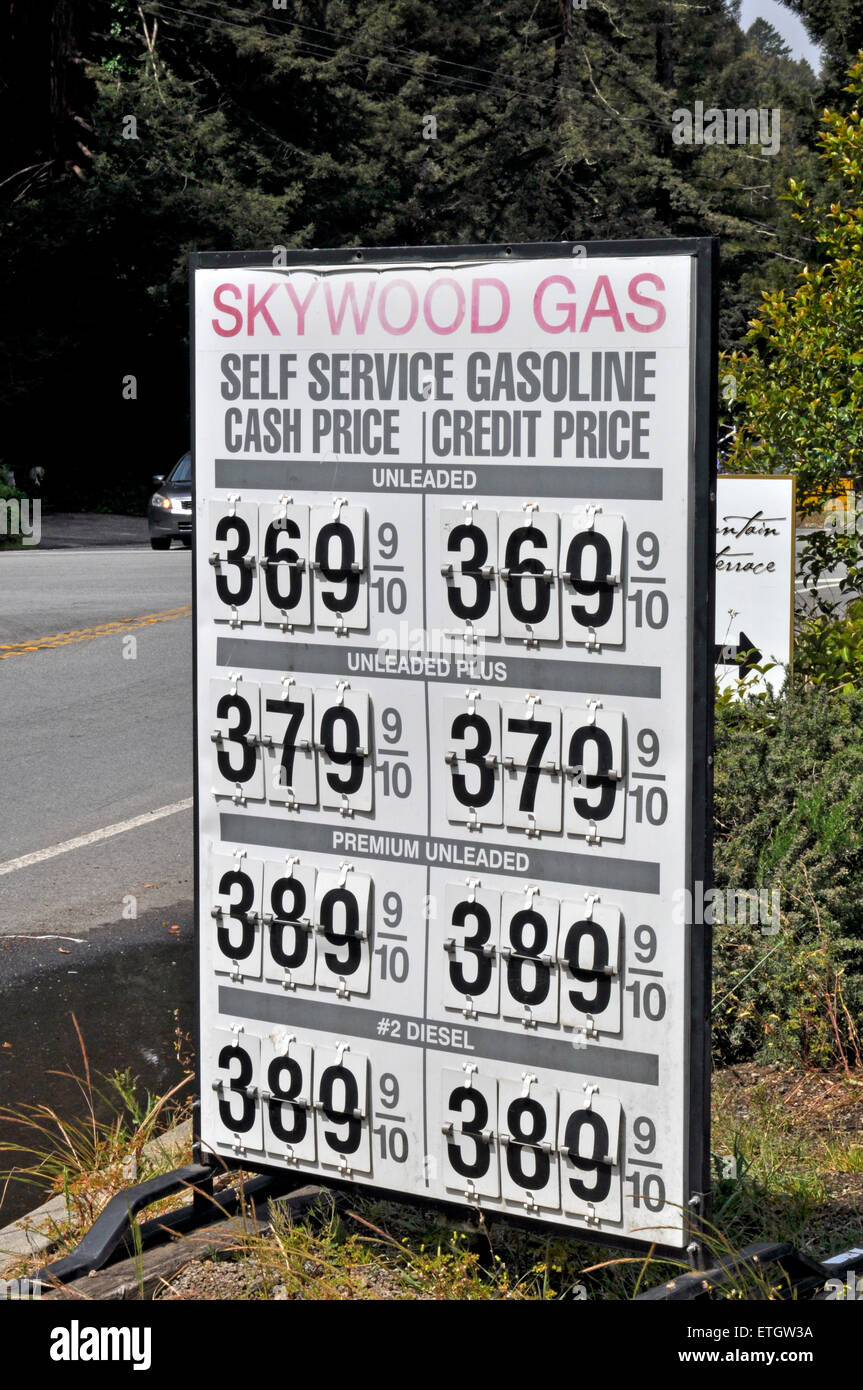 Gas prices sign, Skywood Trading Post, Woodside, California Stock Photo