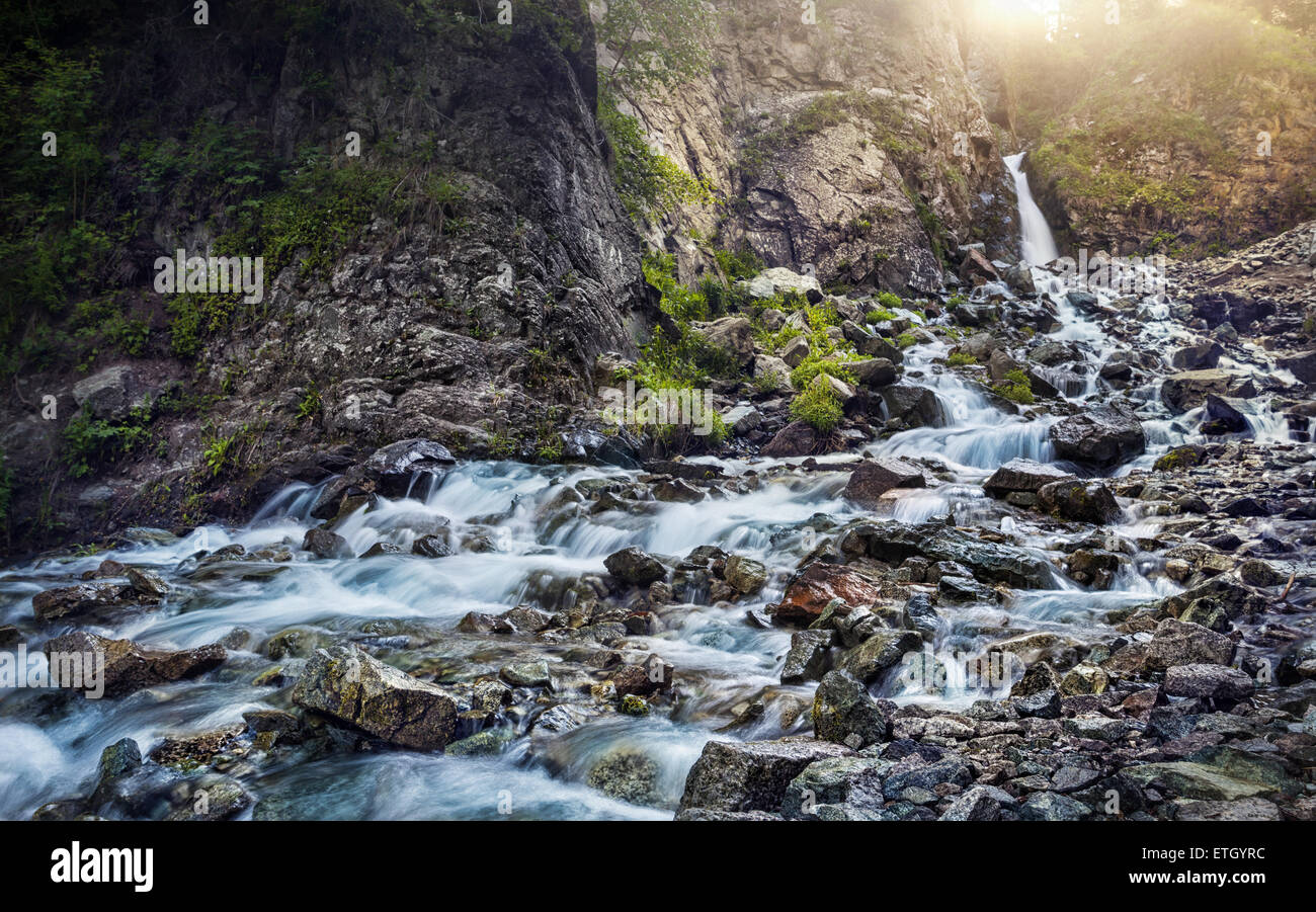 Waterfall in the mountain gorge near Almaty, Kazakhstan, Central Asia Stock Photo