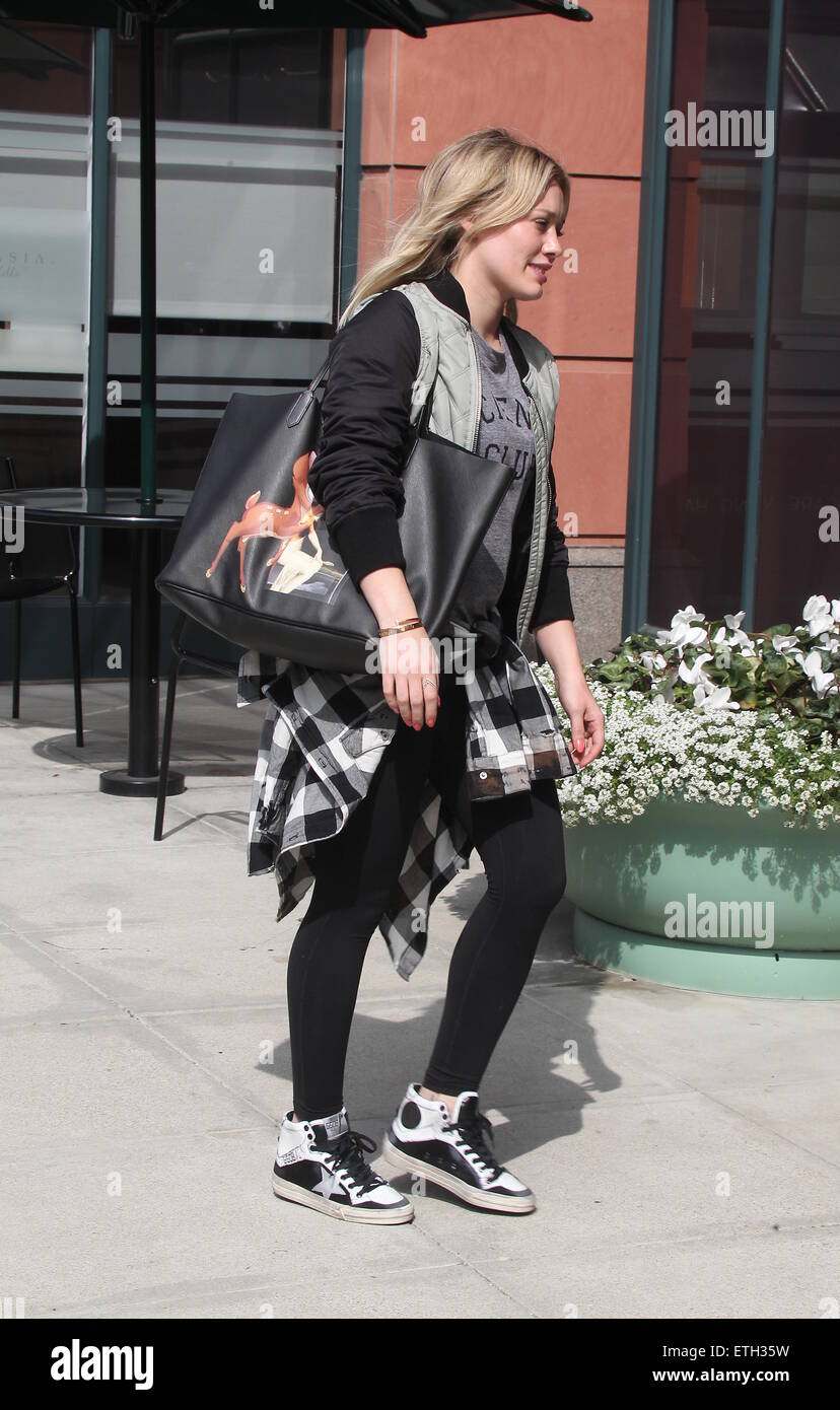 Hilary Duff spotted on her way to Anastasia Beverly Hills Salon carrying a Givenchy Antigona Leather Shopping Tote printed with a graphic of Bambi  Featuring: Hilary Duff Where: Los Angeles, California, United States When: 20 Feb 2015 Credit: WENN.com Stock Photo