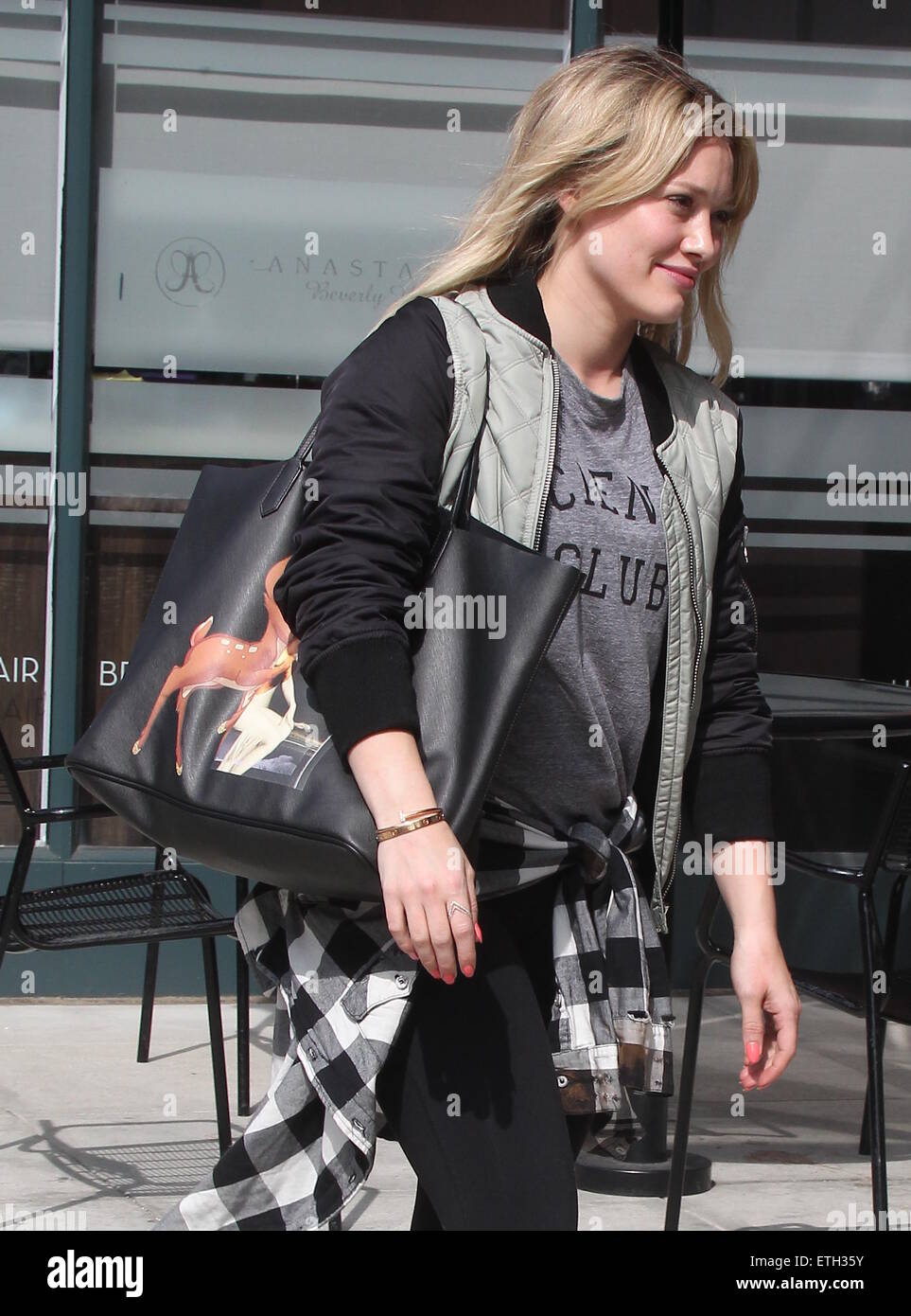 Hilary Duff spotted on her way to Anastasia Beverly Hills Salon carrying a Givenchy Antigona Leather Shopping Tote printed with a graphic of Bambi  Featuring: Hilary Duff Where: Los Angeles, California, United States When: 20 Feb 2015 Credit: WENN.com Stock Photo