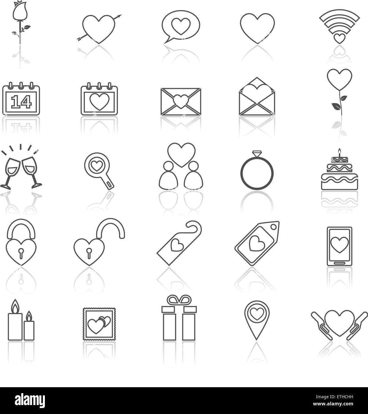 Valentine's day line icons with reflect on white, stock vector Stock ...