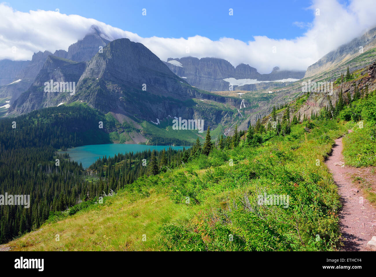 trail to Grinnell Glacier in Glacier National Park in summer Stock