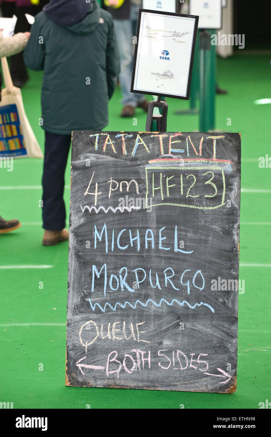Chalkboard sign for Michael Morpurgo at Hay Festival 2015 Stock Photo