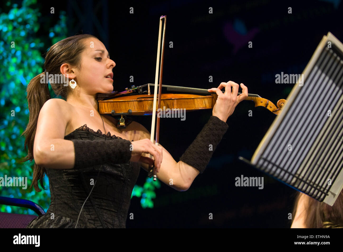 Violinist playing on stage at Hay Festival 2015 Stock Photo