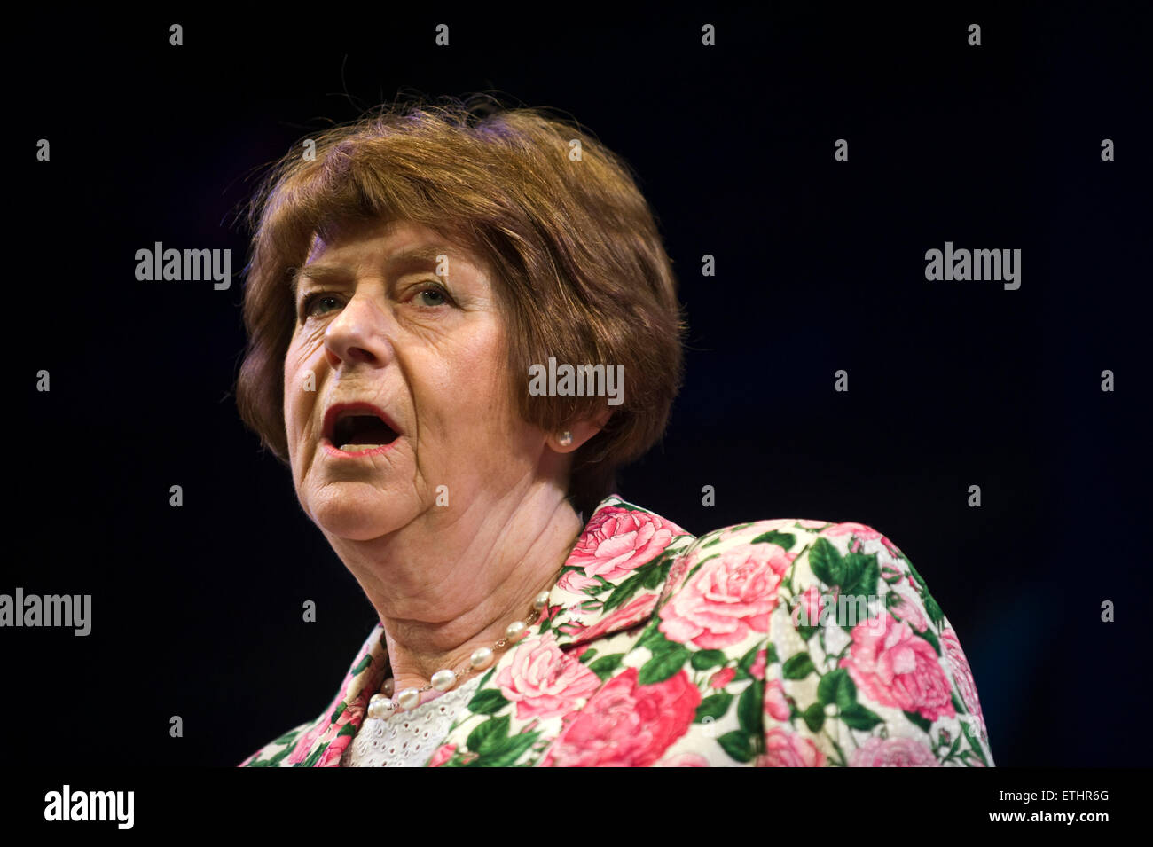 Pam Ayers poet, comedian, author & songwriter performing on stage at Hay Festival 2015 Stock Photo