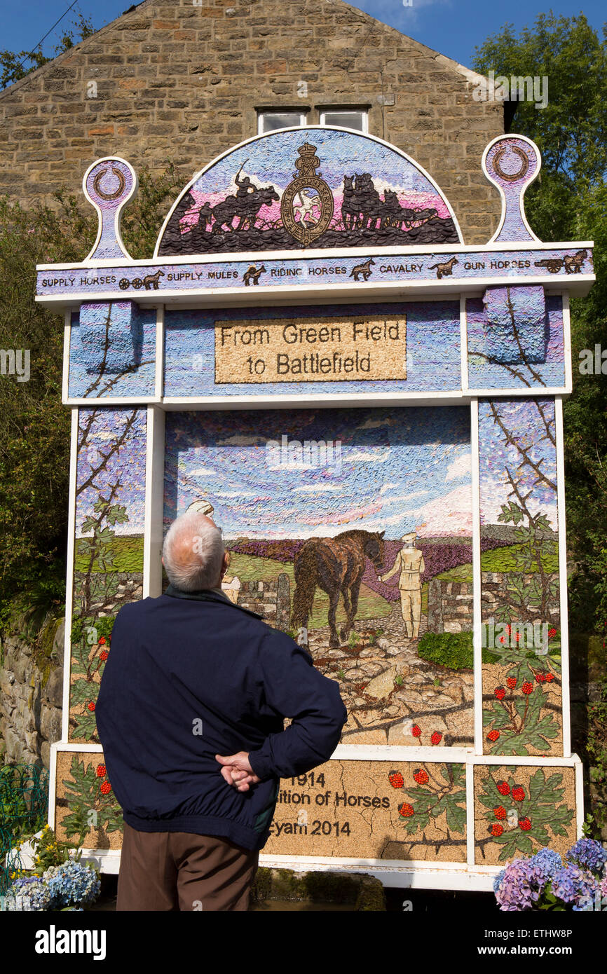 UK, England, Derbyshire, Eyam, Little Edge, visitor looking at Town Head well dressing Stock Photo
