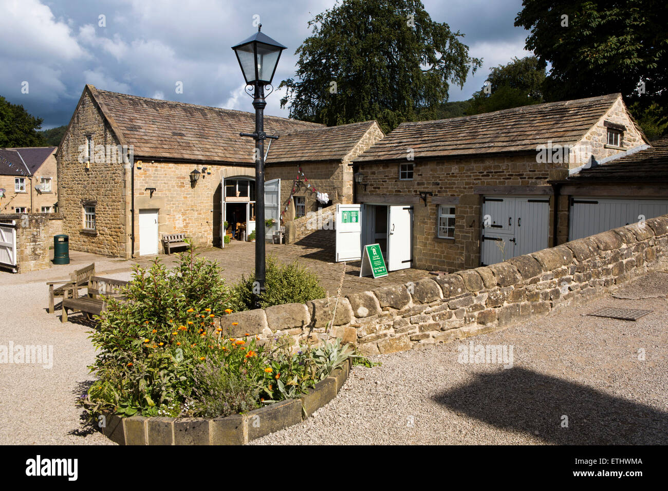 UK, England, Derbyshire, Eyam, Hall courtyard, old stone barns used as craft workshops, shops and offices Stock Photo