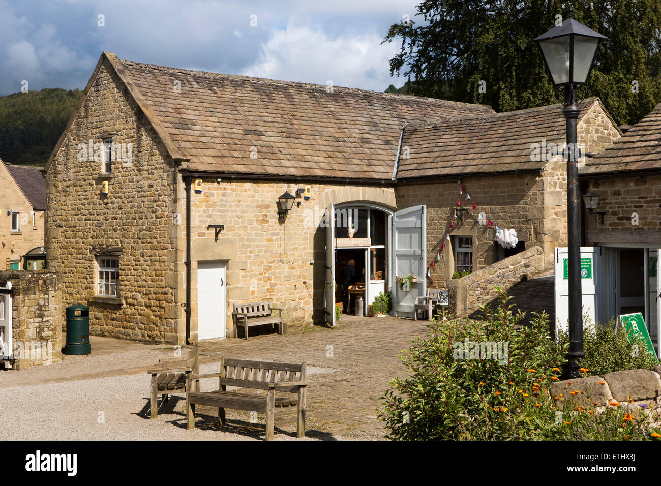 UK, England, Derbyshire, Eyam, Hall courtyard, old stone barns used as craft workshops, shops and offices Stock Photo