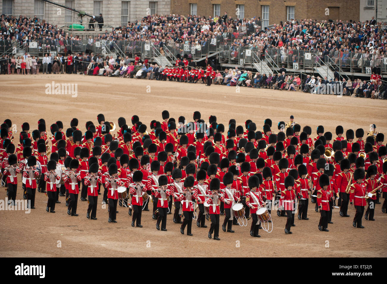 Massed Bands of the Foot Guards Troop at Trooping the Colour ceremony in Horse Guards Parade, London. Stock Photo