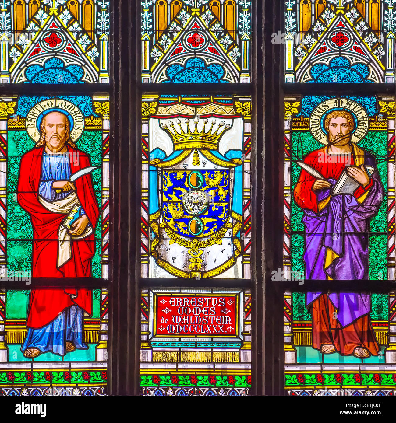 Interior Decoration Stained Religious Vitrage Glass Window of St. Vitus Cathedral in Prague Stock Photo