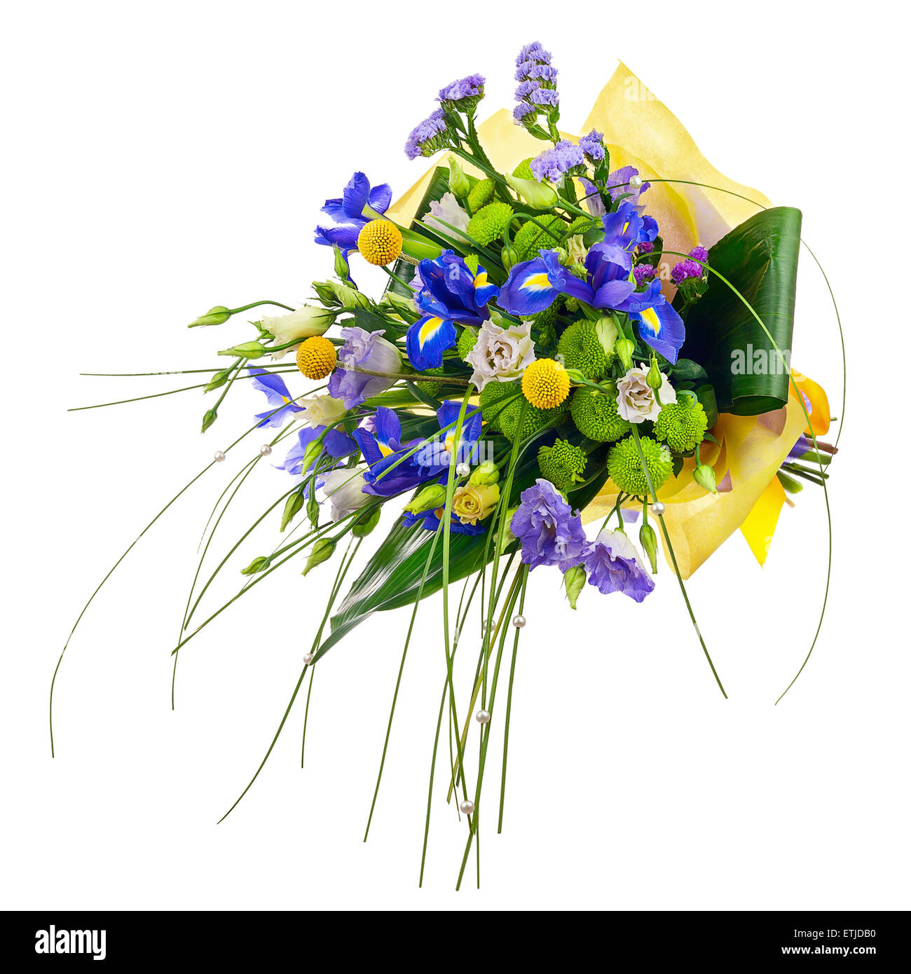 Flower bouquet from roses, green carnation, iris and statice flowers