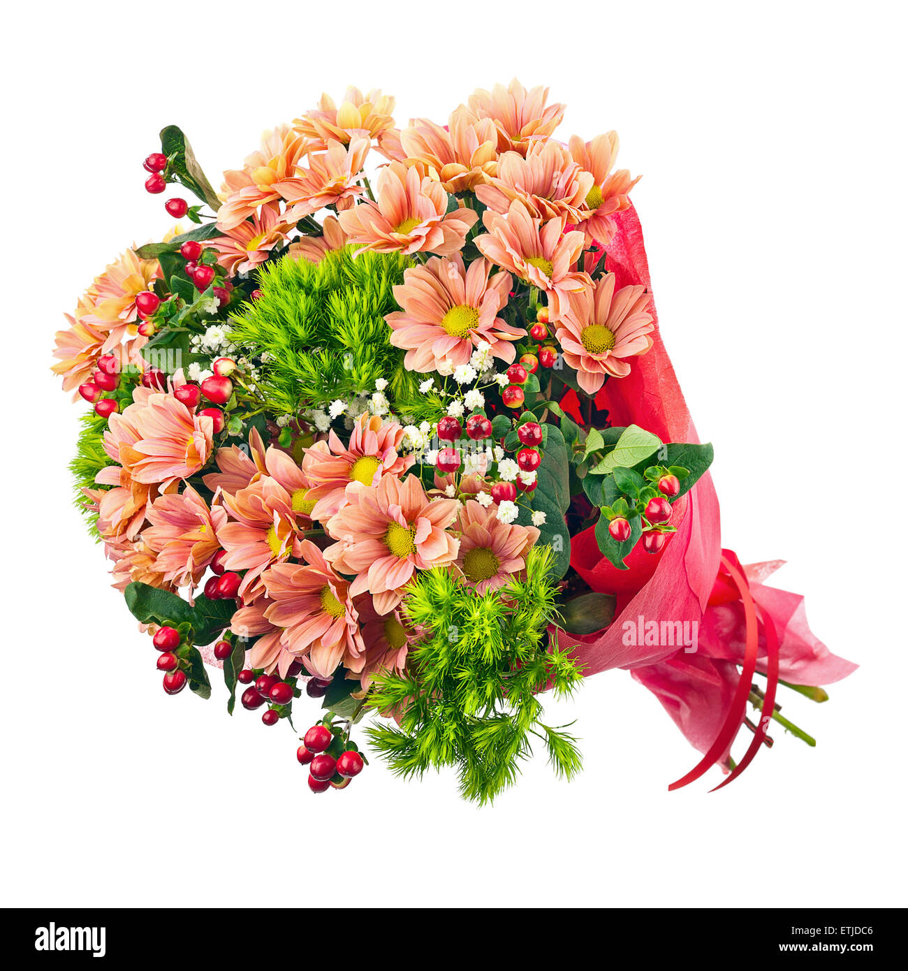 Bouquet of gerbera, carnations and other flowers isolated on white background. Stock Photo