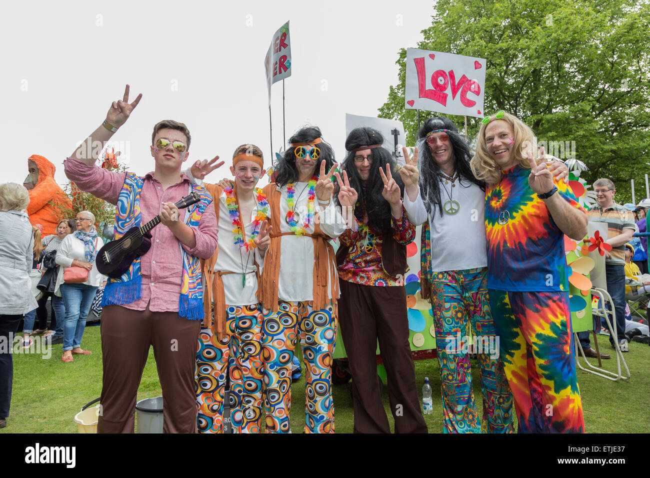 Knaresborough. North Yorkshire. UK. 13th June 2015. Team in fancy dress in the grounds of Knaresborough Castle before the start of the 50th annual bed race. Credit:  RHB/Alamy Live News Stock Photo