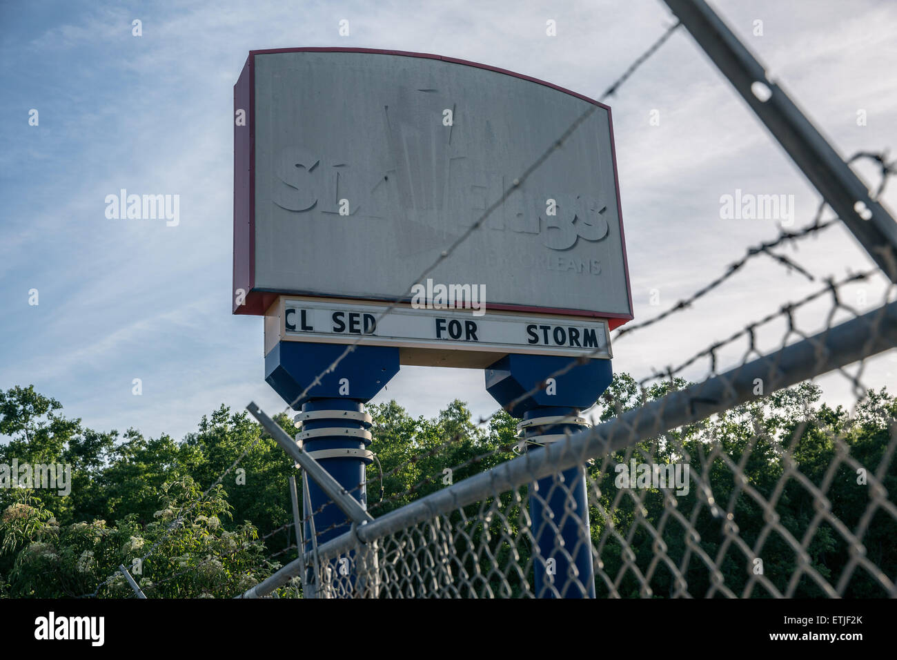 (150614) -- NEW ORLEANS, June 14, 2015 (Xinhua) -- Photo taken on June 11, 2015 shows a faded advertisement board of the closed New Orleans Six Flags theme park. Despite various announced plans to redevelop the site, as of June 2015, it is still an abandoned amusement park in extremely poor condition. Ten years after Hurricane Katrina brought New Orleans to its knees and left an emotional footprint across the United States as people witnessed how the U.S. government failed to respond promptly, a predominantly African-American community of the city still struggles to define what their post-Katr Stock Photo