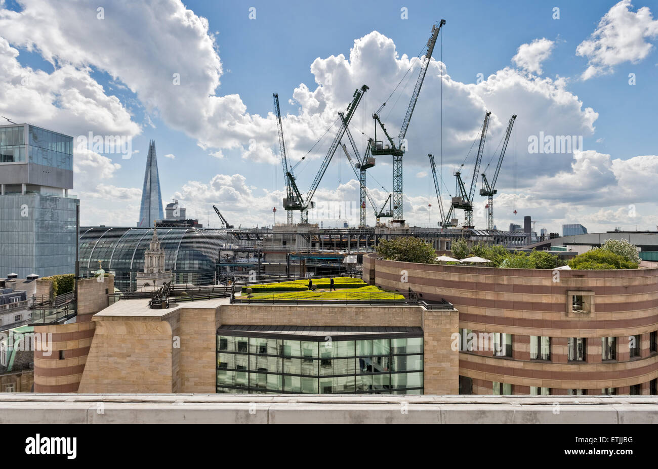 City of London skyline looking over the roof garden at number one Poultry with construction site and the Shard in the background Stock Photo
