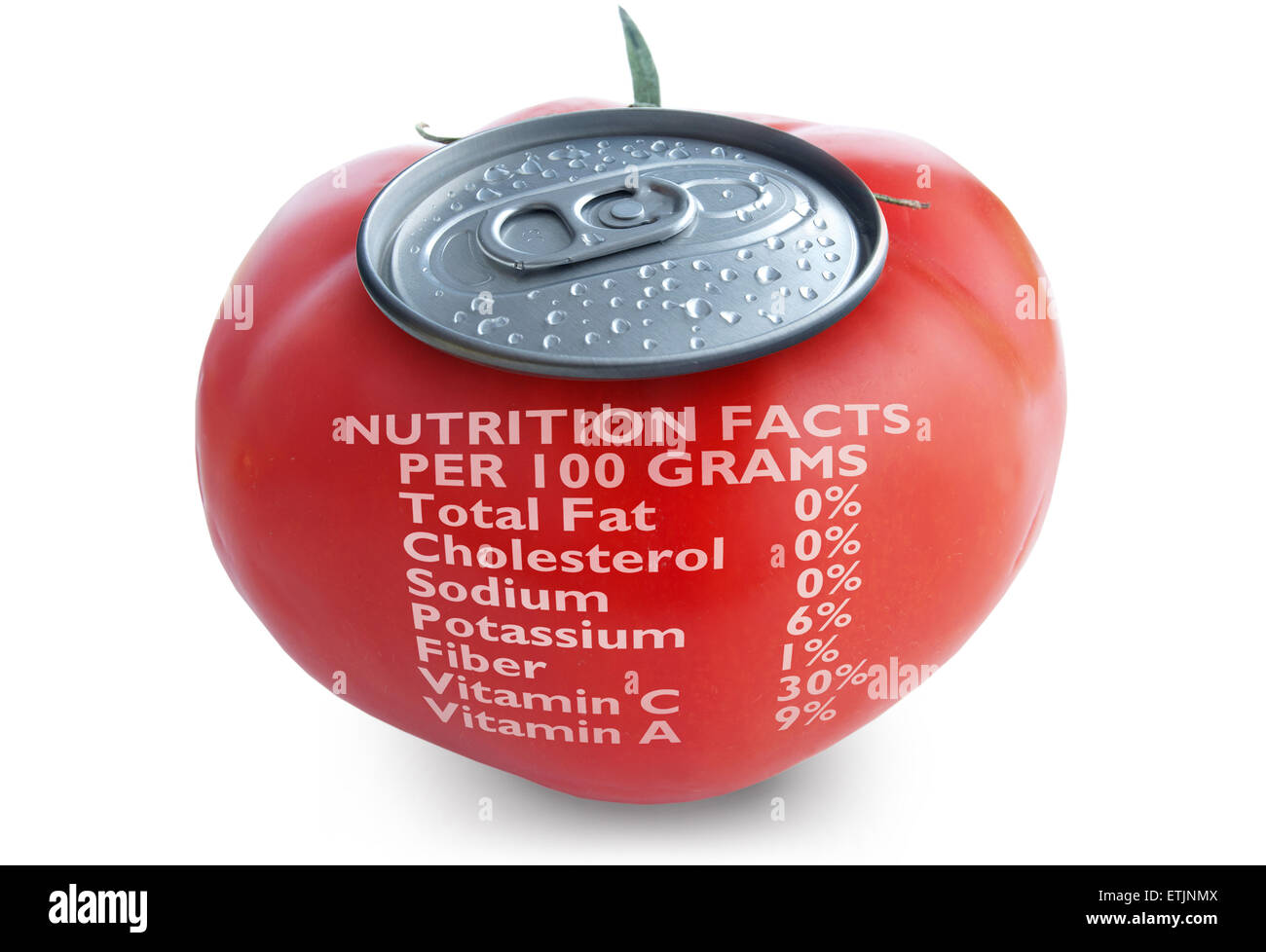 Fresh tomato juice with nutritional information Stock Photo