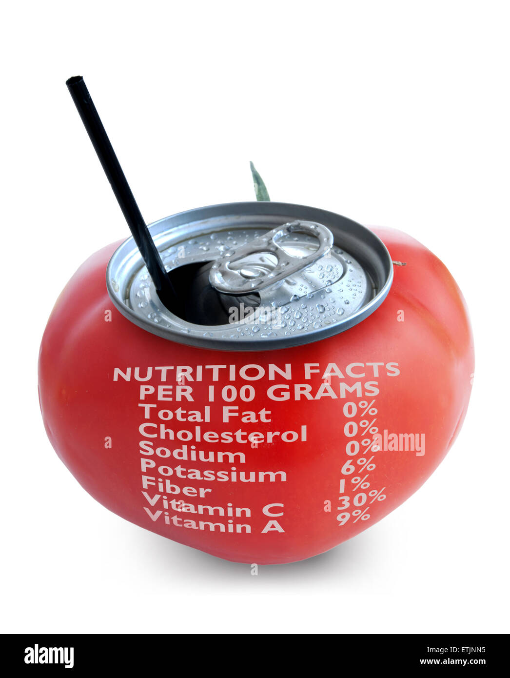 Fresh tomato juice can over a white background with nutritional data Stock Photo
