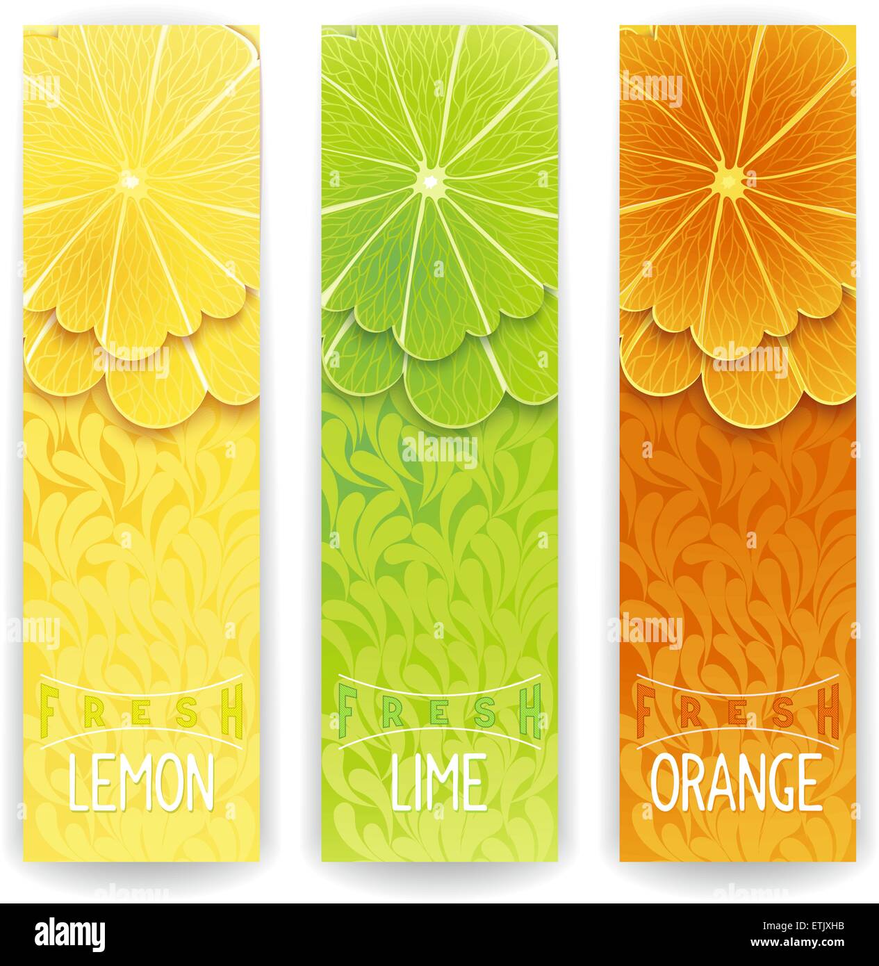 Three Bright Banner With Stylized Citrus Fruit And Textured Stock