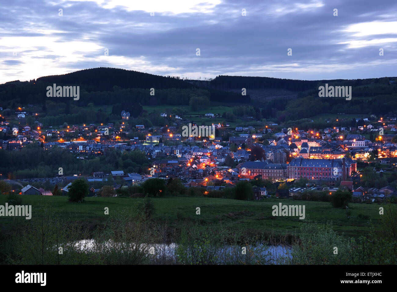 Panorama of the Belgian city Stavelot at dusk Stock Photo
