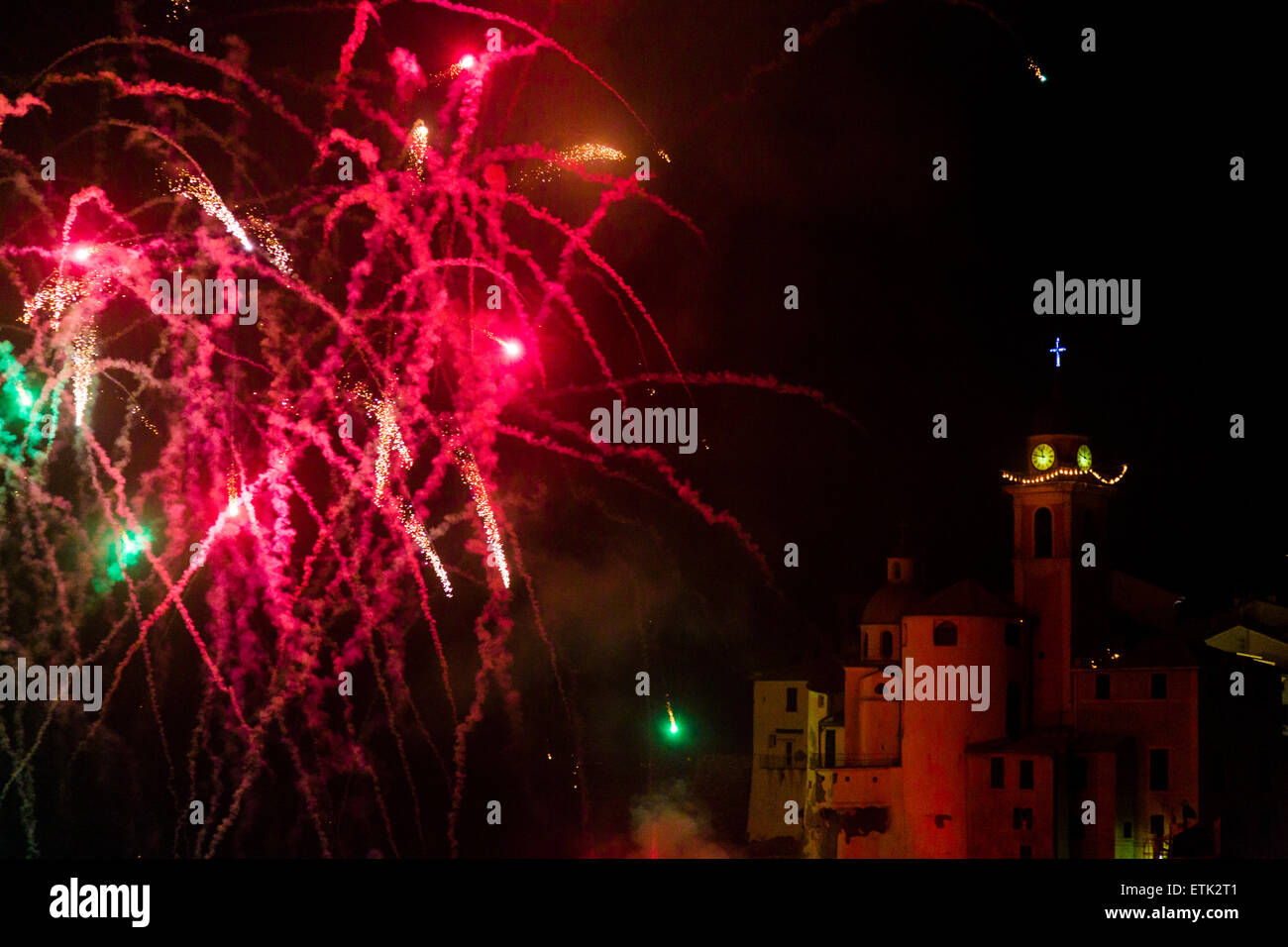 Fireworks over Camogli at Sagre del Pesce, ITtaly Stock Photo