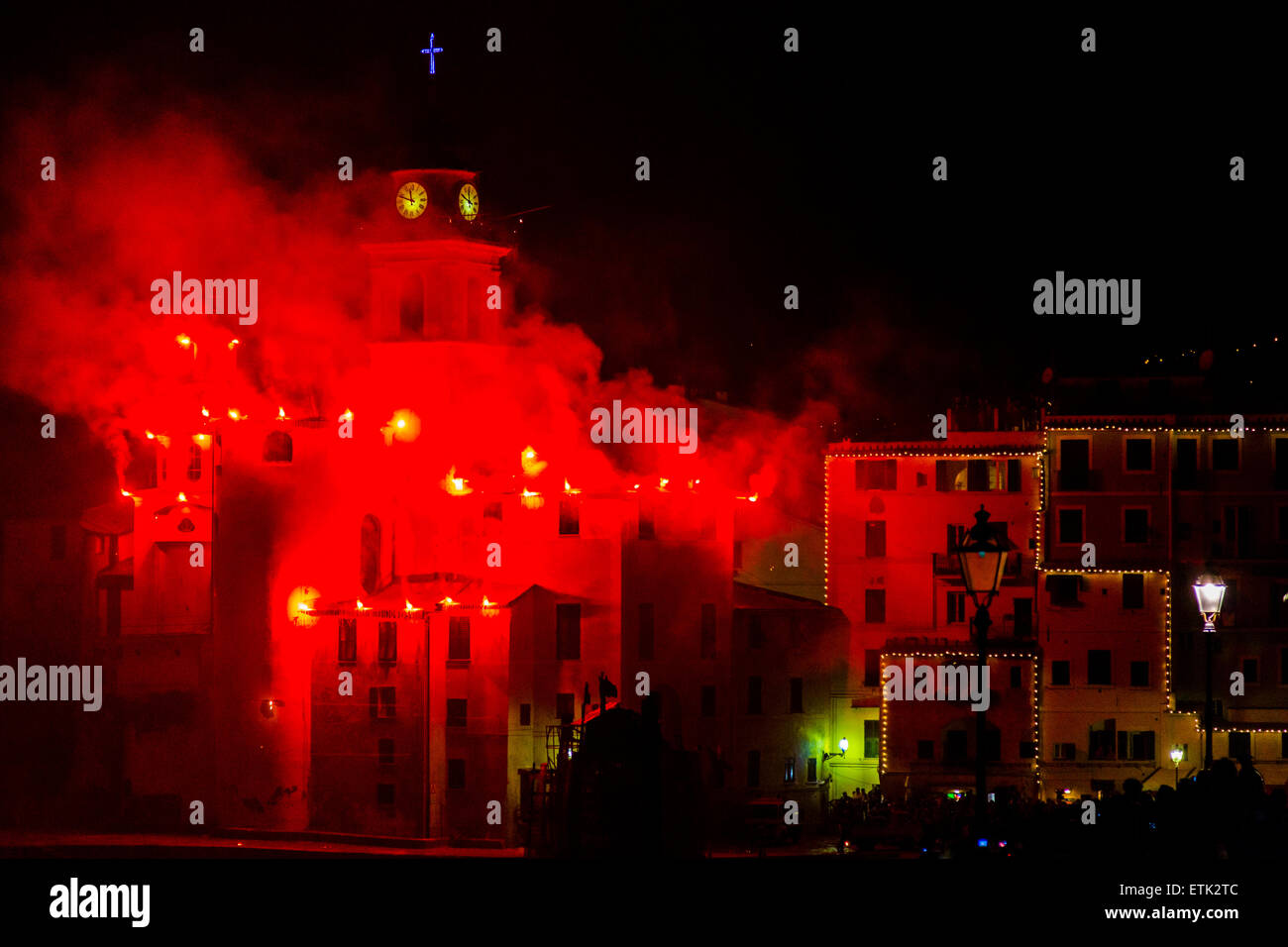 Fireworks over Camogli at Sagre del Pesce, ITtaly Stock Photo
