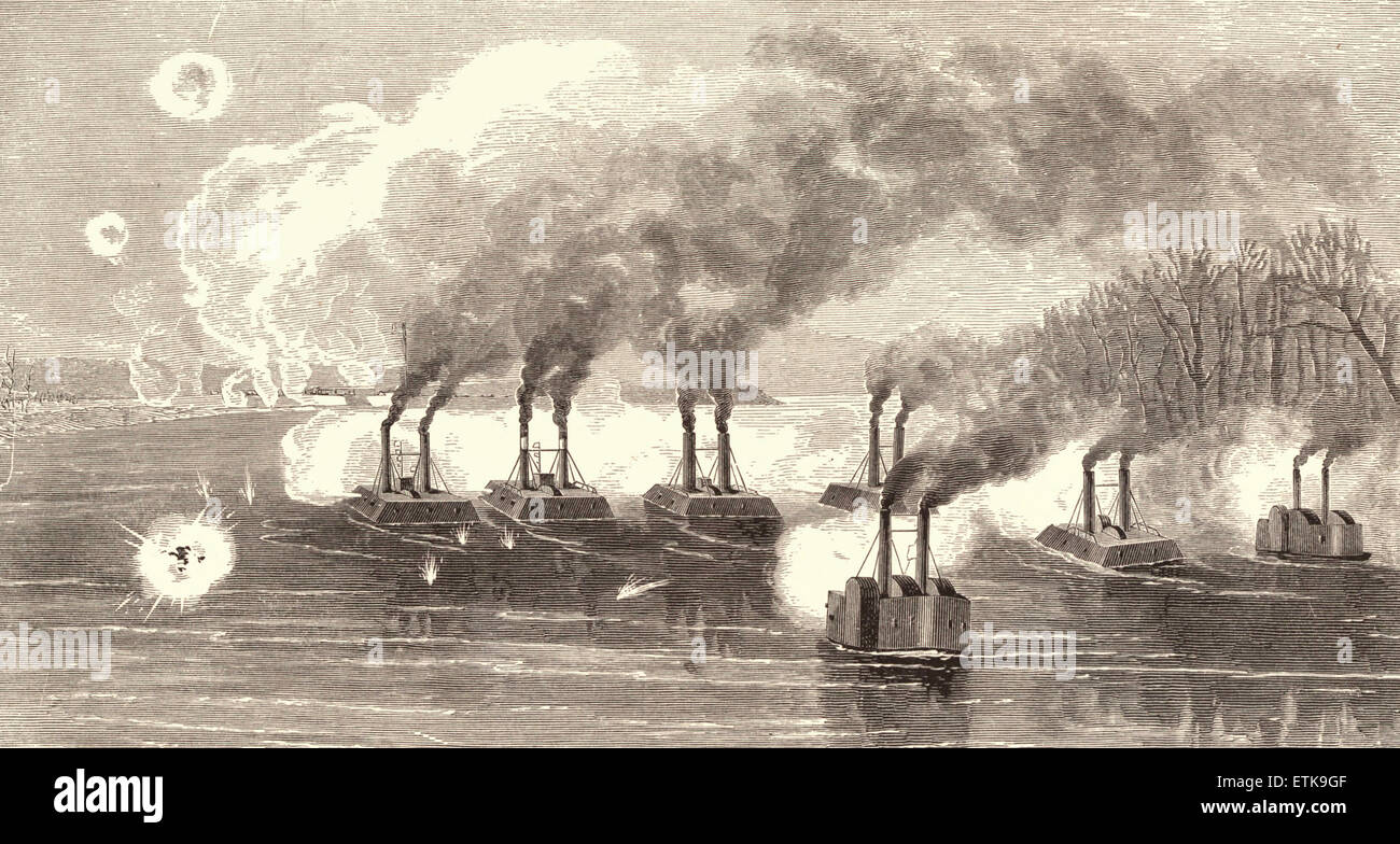 Battle of Fort Henry, February 4, 1862  -  USS St. Louis, USS Carondelet, USS Cincinnati, USS Lexington, USS Canestoga - USA Civil War Stock Photo