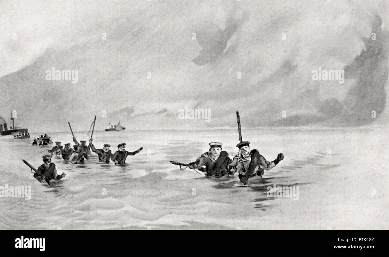 The First landing in Liaotung. Wading across the mudbanks at Pitsuwo, Russo Japanese War, circa 1904 Stock Photo