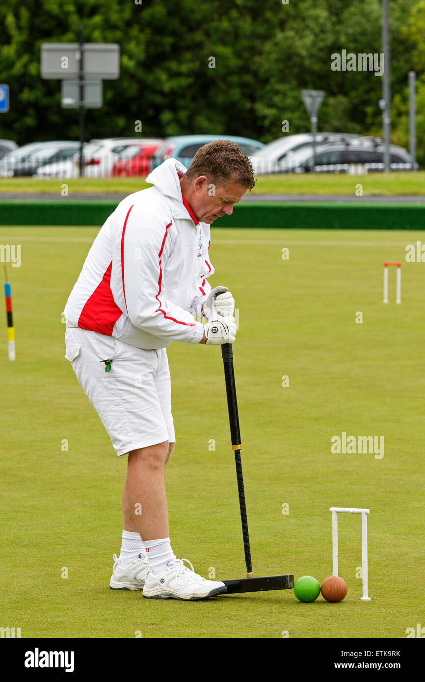 Glasgow, Scotland, UK. 14th June, 2015. On Saturday 13 June and Sunday 14 June Glasgow hosted the annual Four Nations Croquet Tournament at Kelvingrove Park and organised by the Scottish Croquet Association. Players from Scotland, Ireland, England and Wales each played 5 'rubbers' against the opposing teams. This year the winning team was  ENGLAND. Picture is of Dave Maugham, the English team Captain Credit:  Findlay/Alamy Live News Stock Photo