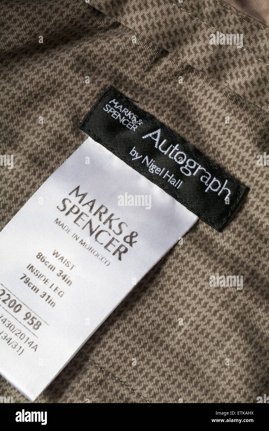 Made in Morocco - label in Marks & Spencer Autograph by Nigel Hall mans  trousers - sold in the UK United Kingdom, Great Britain Stock Photo - Alamy