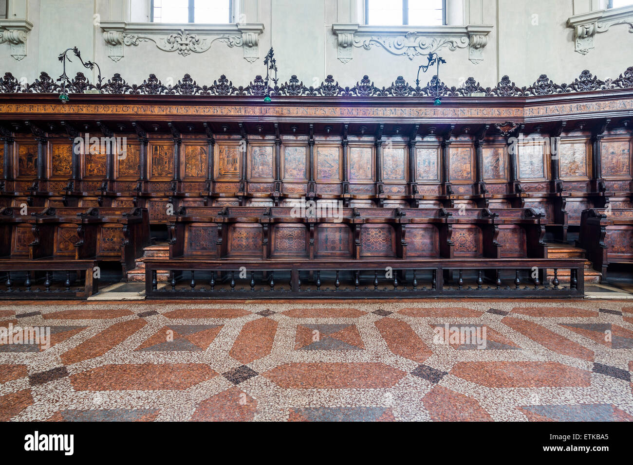 wooden choir stalls, Basilica of San Domenico, Bologna, Italy Stock