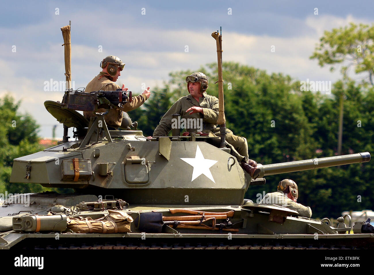 World War Two American Chaffee Tank and crew, World War Two tank display at the Croft Nostalgia Festival in Darlington Sat 5 - Sun 6 August 2016 Stock Photo