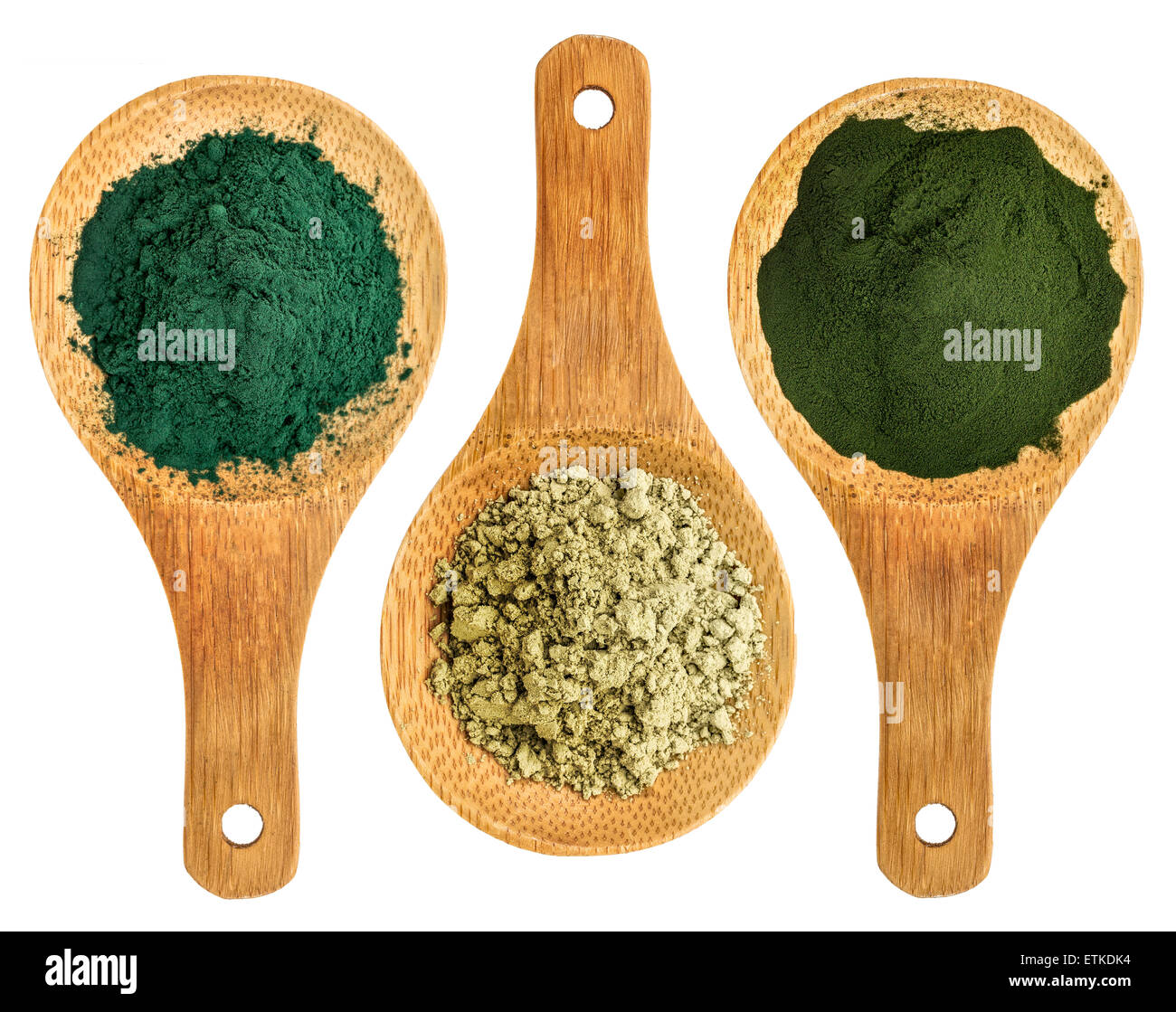 spirulina, kelp and chlorella supplement powders top view of isolated