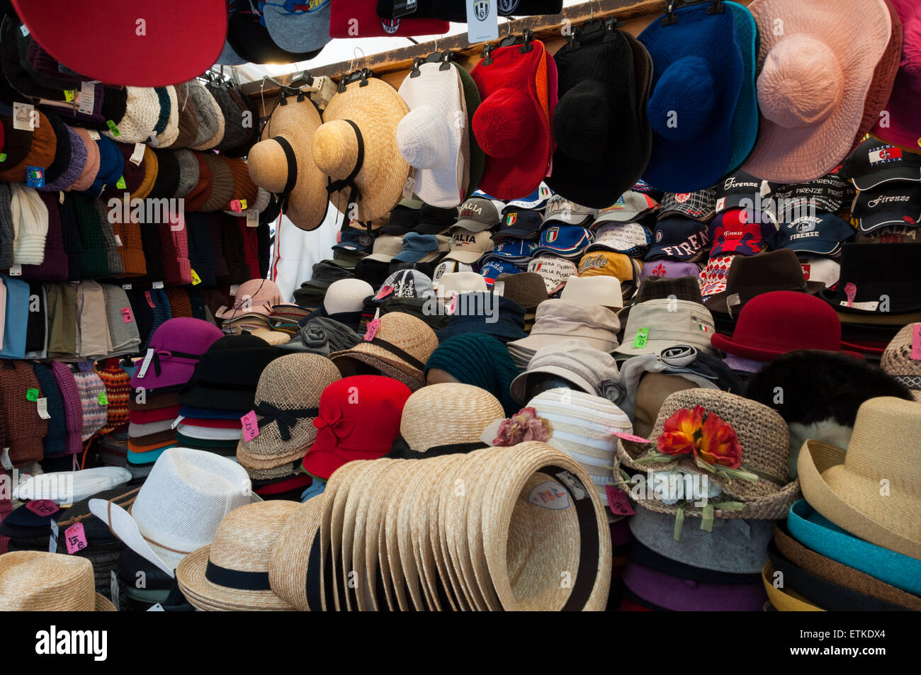 Hats seller in the Mercato Centrale in Florence, Italy Stock Photo Alamy