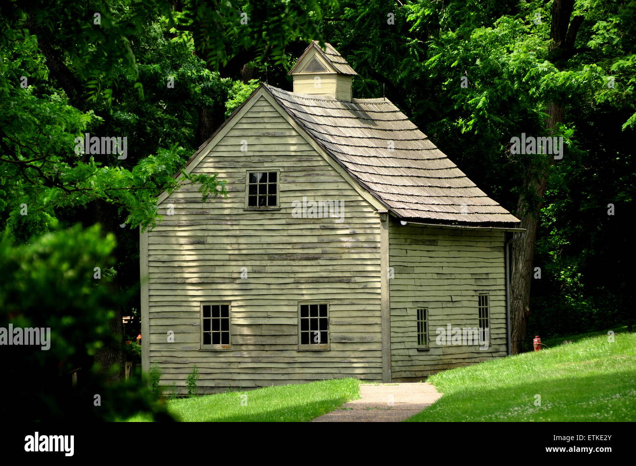 Ephrata, Pennsylvania:  The wooden Carpenter's House at the historic 18th century Ephrata Cloister Germanic religious settlement Stock Photo