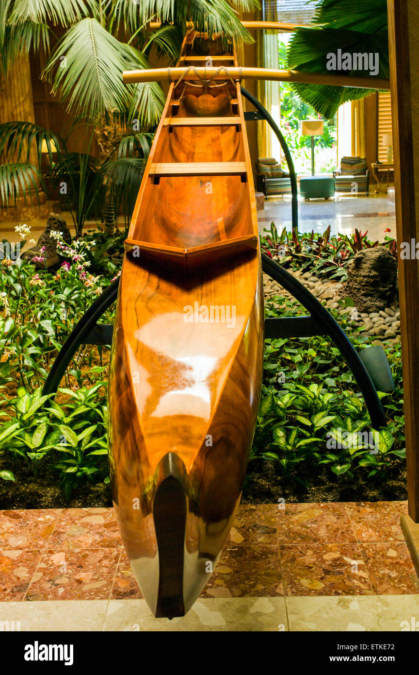 The antique 'Princess: Koa outrigger canoe, Kaua’i Marriott Resort; Kalapaki Bay, Kaua'i, Hawaii, USA Stock Photo