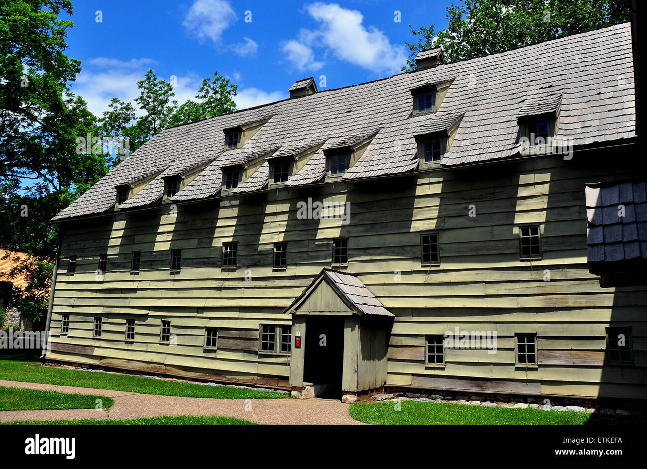 Ephrata, Pennsylvania:  Wooden 1743 Saron or Sisters' House at the historic Ephrata Cloister Germanic religious settlement  * Stock Photo